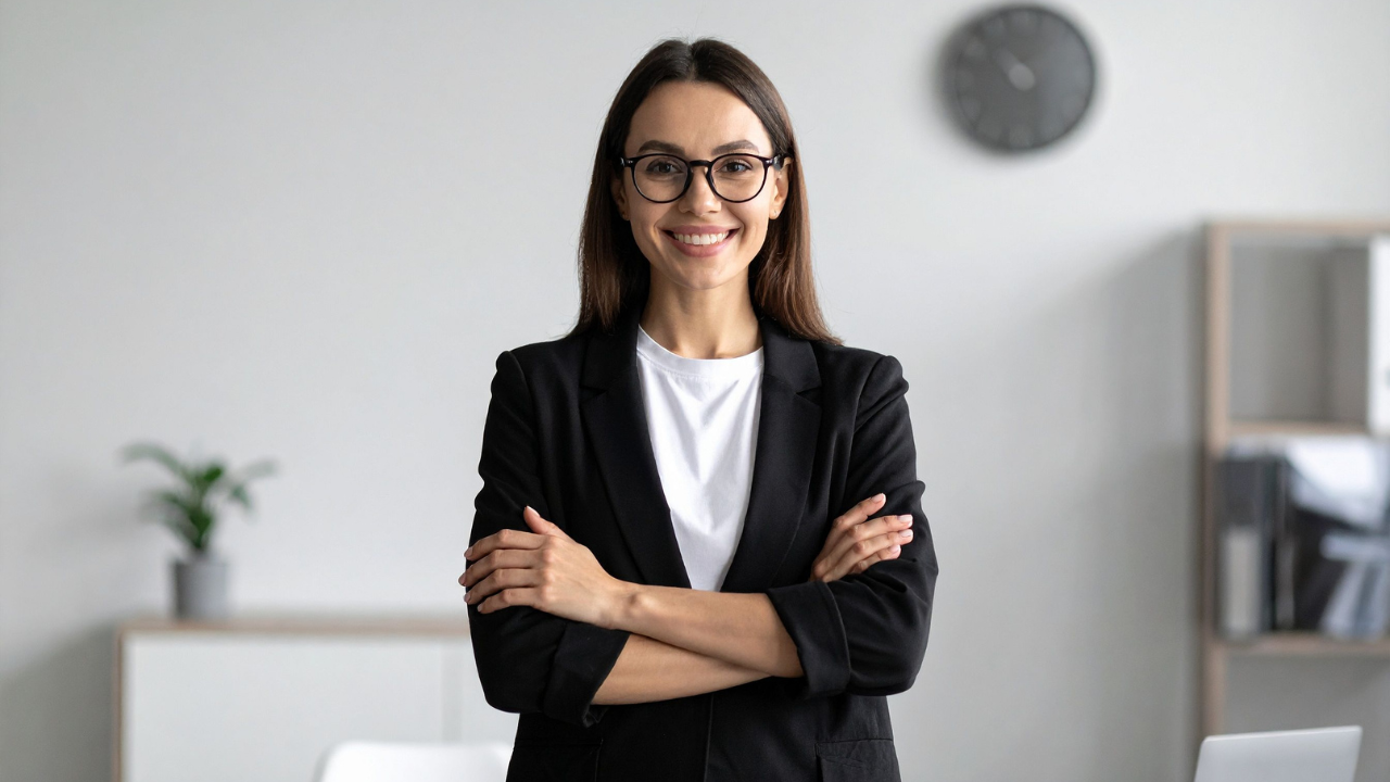 Smiling professional woman in glasses and black blazer, arms crossed in a modern office—representing a salon owner using Glow Forms.