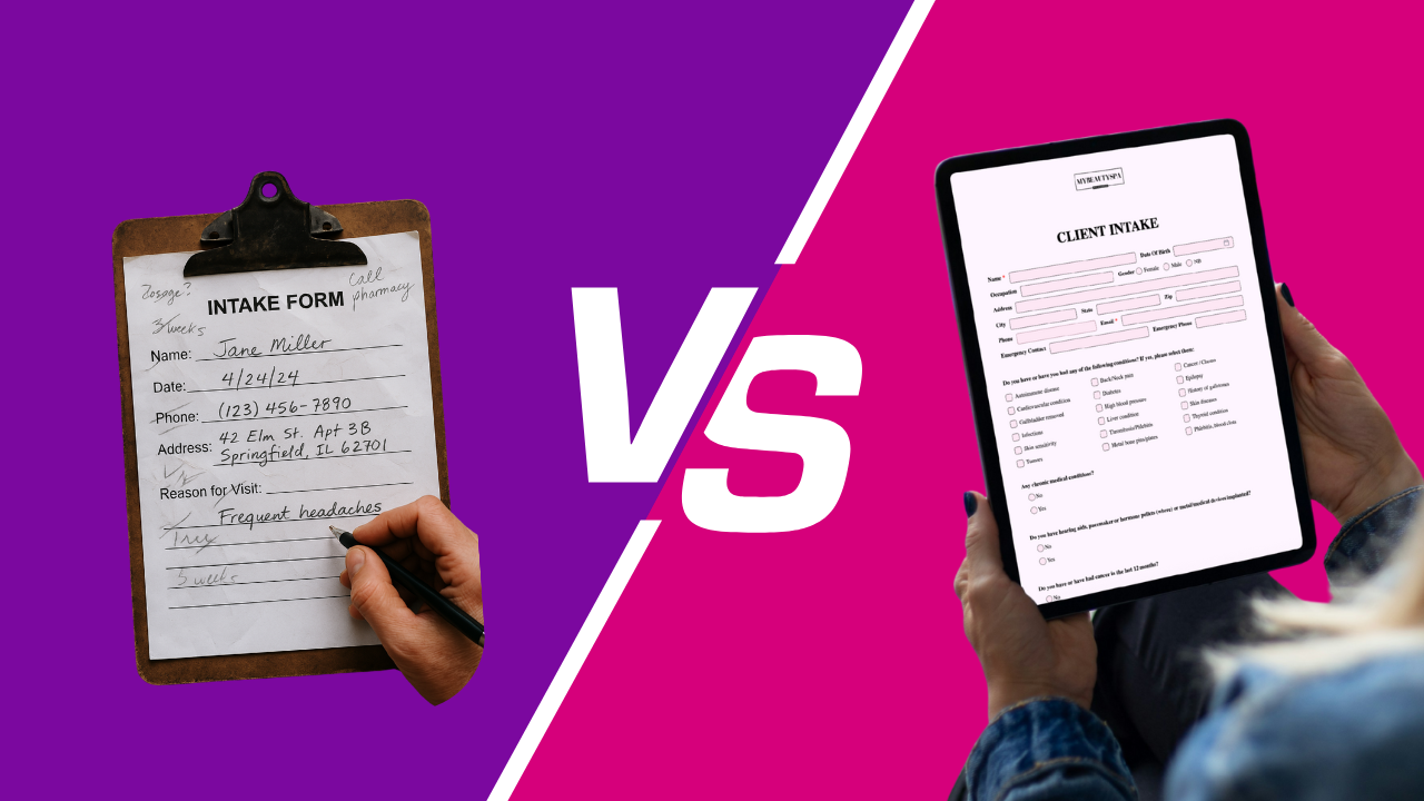 Glow Forms Blog Writer said: Side-by-side comparison: handwritten paper intake on a clipboard vs a Glow Forms digital client intake on a tablet—paper vs digital forms.