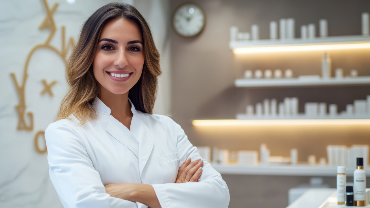 Glow Forms Blog Writer said:  Smiling esthetician standing in front of a curated skincare retail shelf in a modern salon, ready to help clients choose products.