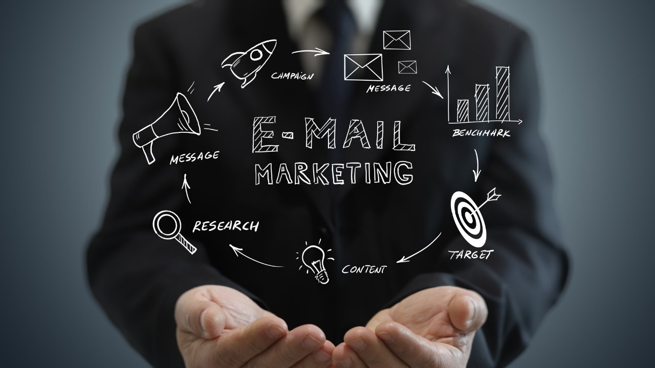 Email marketing concept sketched over hands—campaign, messages, research, benchmark chart, target.