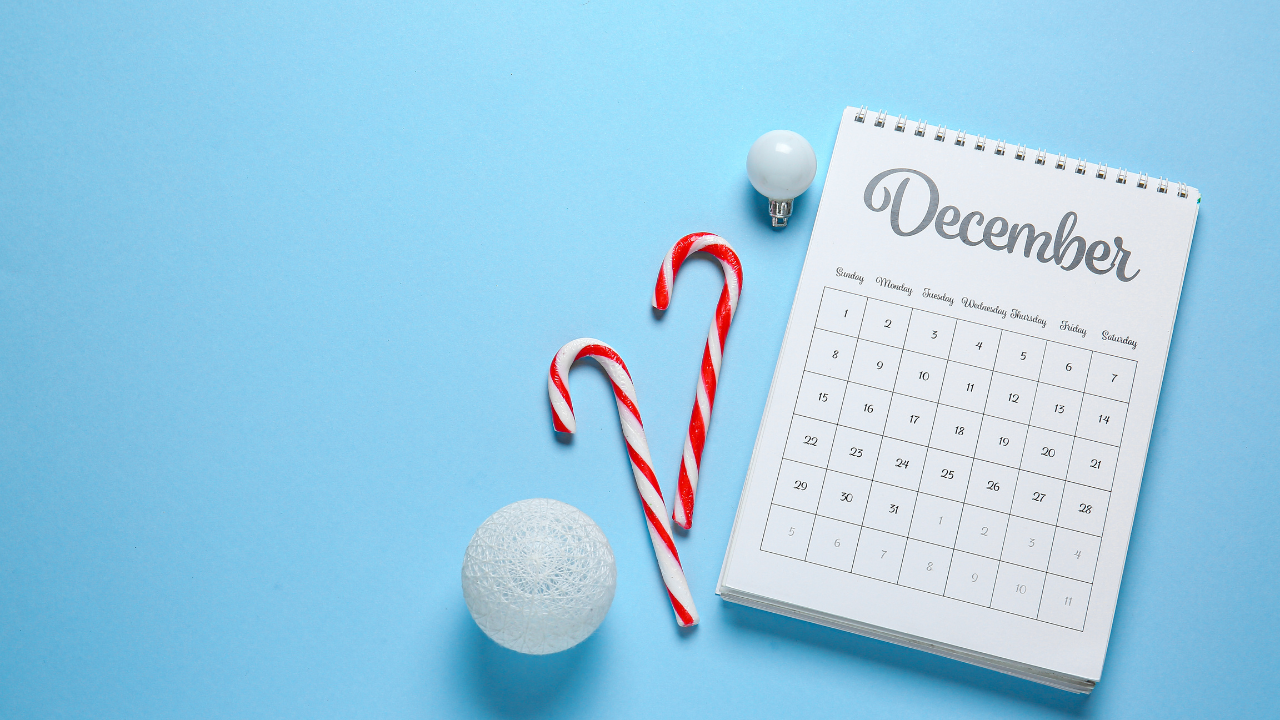 Minimal December calendar with candy canes on light blue, supporting content about most-booked beauty services and holiday salon planning.
