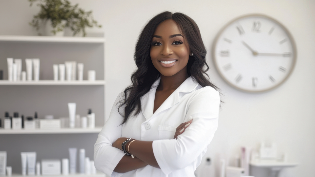 Beauty professional stands confidently in a spa retail area with skincare products displayed behind her.