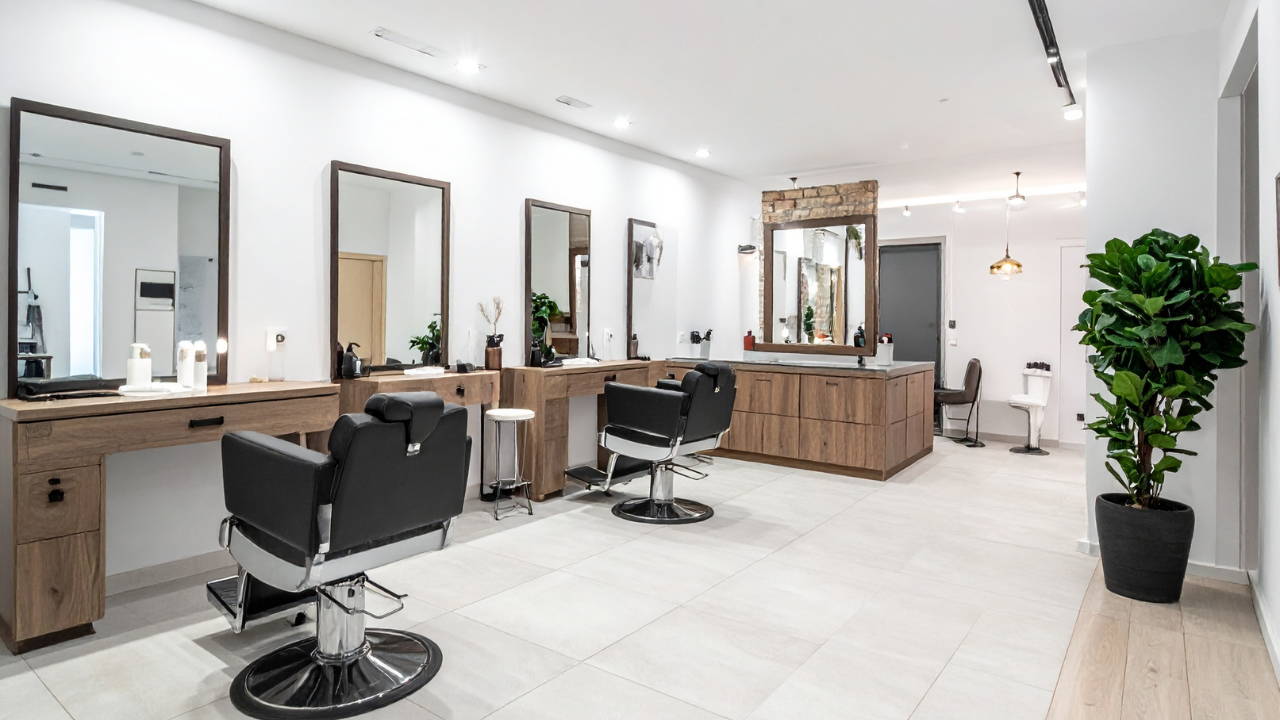 Bright, minimalist salon featuring wood vanities, oversized mirrors, sleek black chairs, and a tall indoor plant—photo-ready layout.