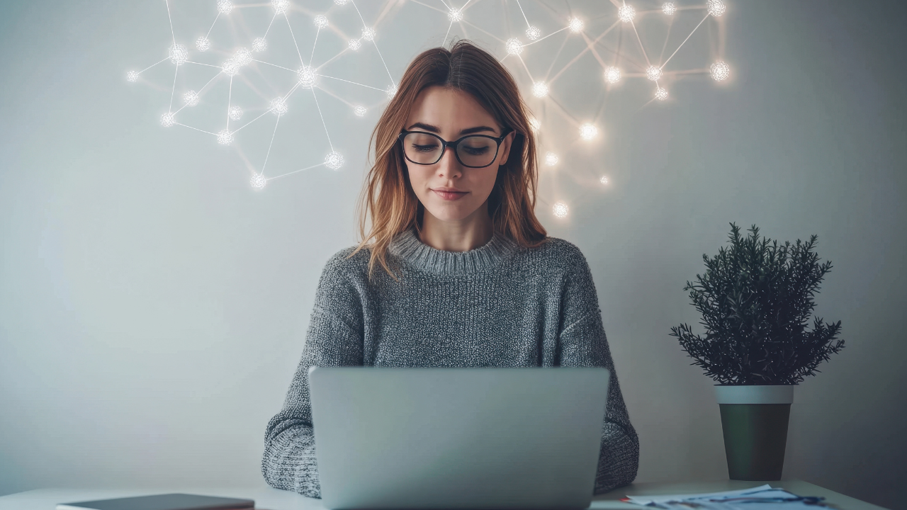 Salon owner at a laptop setting up booking links and automations.
