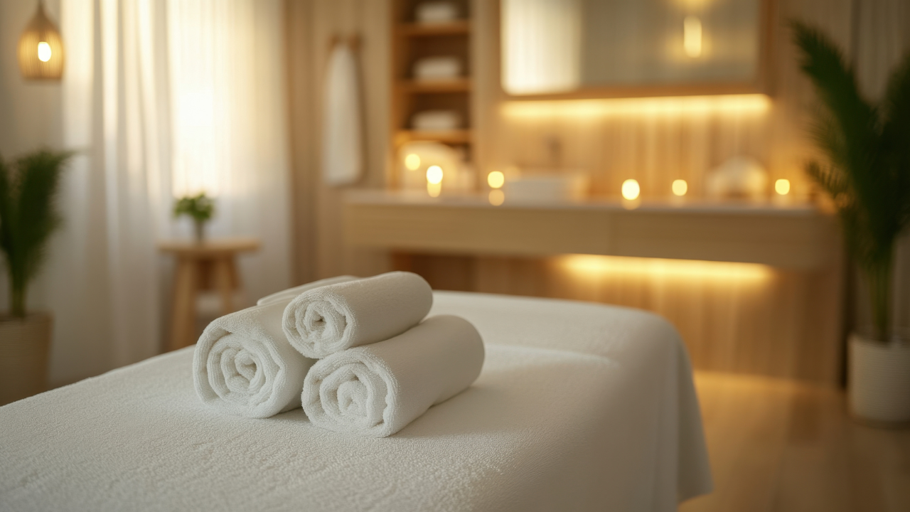 Calm beauty studio with rolled towels, ambient candles, and warm lighting—simple decor that elevates the space.