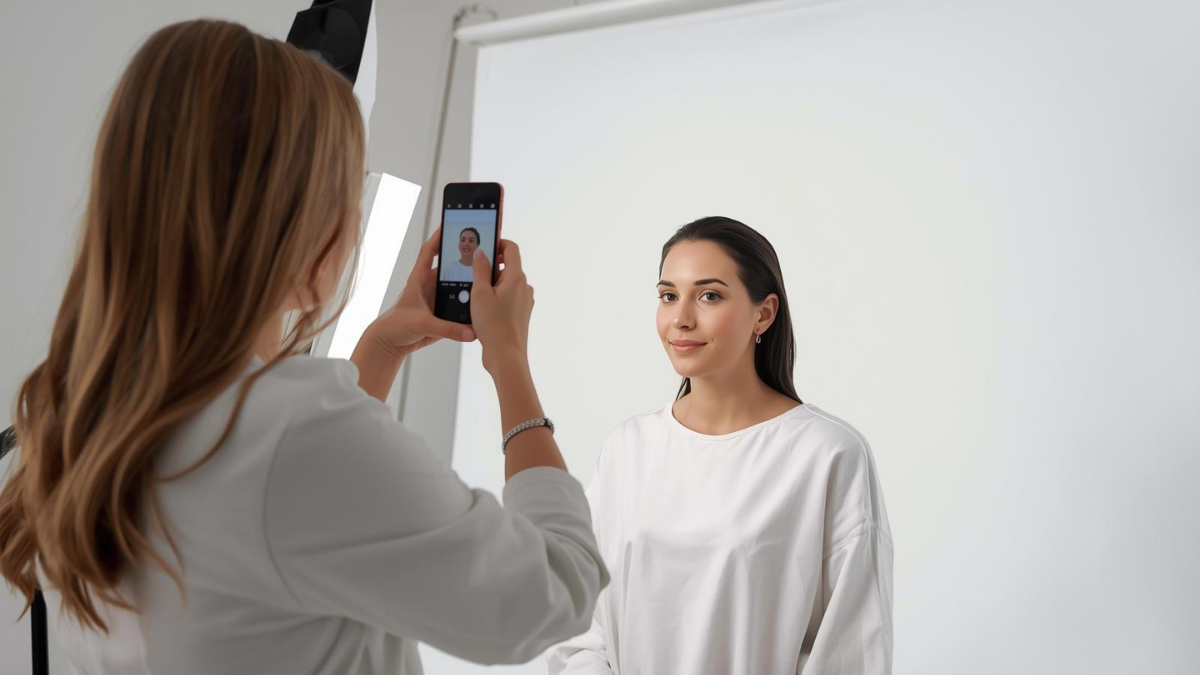 Esthetician snapping a quick client photo at a bright studio photo wall