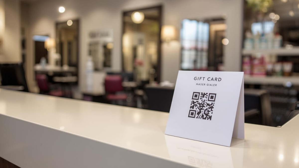 Neat gift card display at a salon front desk with a small sign and QR code to purchase