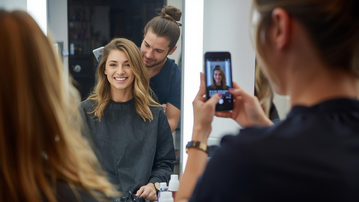 Client smiling at a salon mirror while a beautician captures a short testimonial on a phone