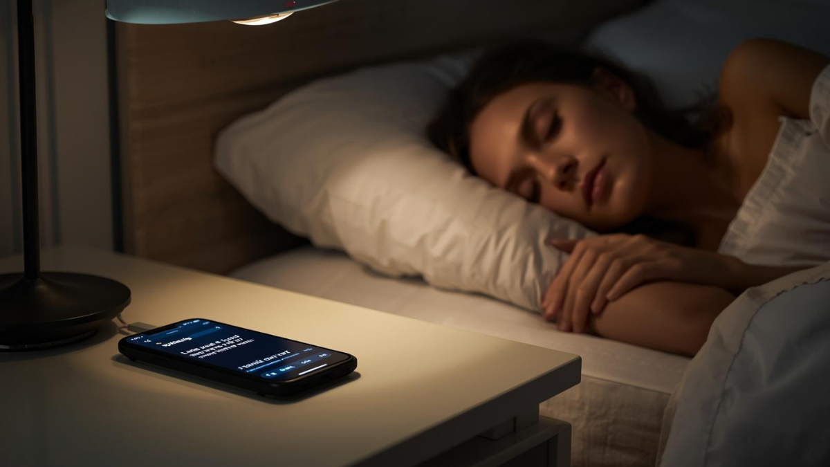 Phone on a nightstand lighting up with late-night messages beside a sleeping beauty pro