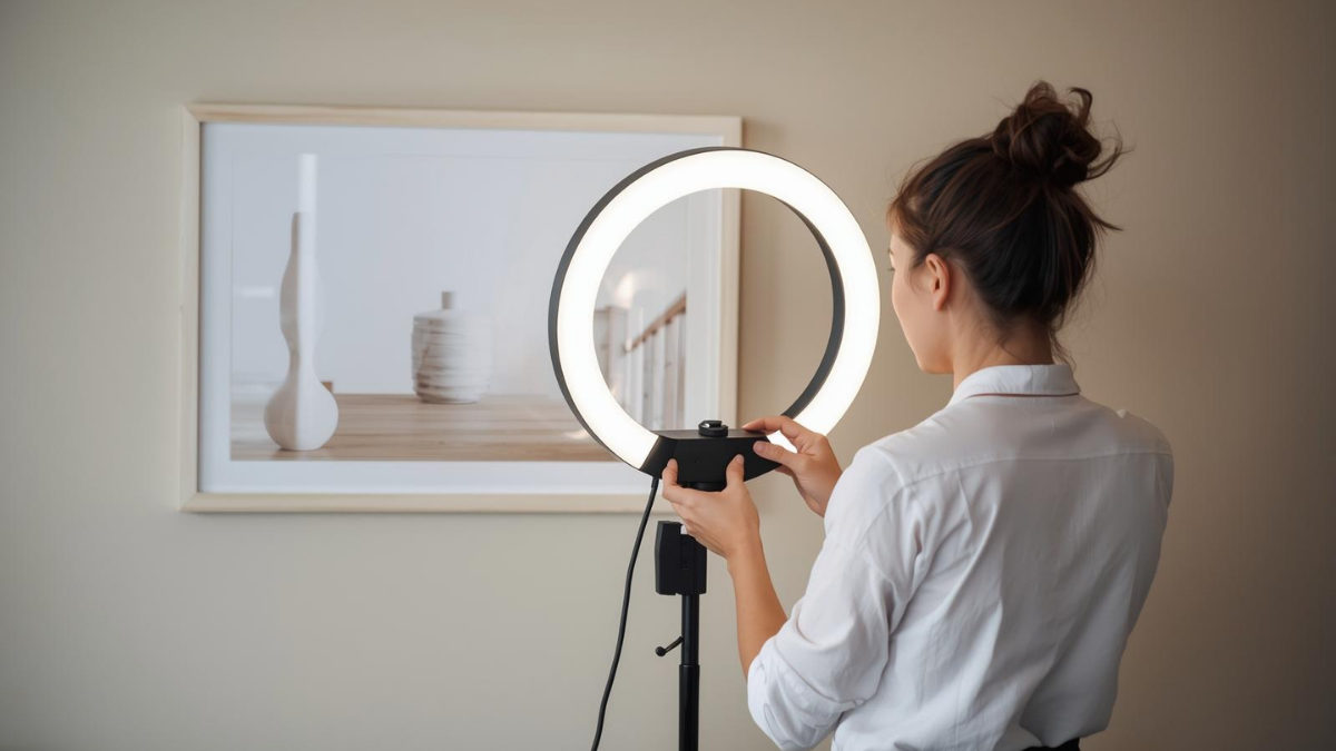 Stylist adjusting a ring light beside a neutral photo wall to capture a clear client after photo
