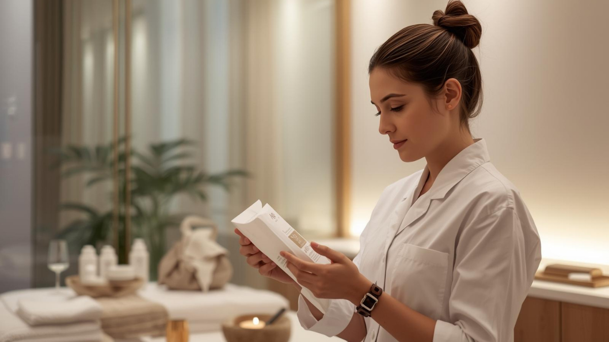 Esthetician checking a welcome packet with mini guide, QR codes, and appointment card
