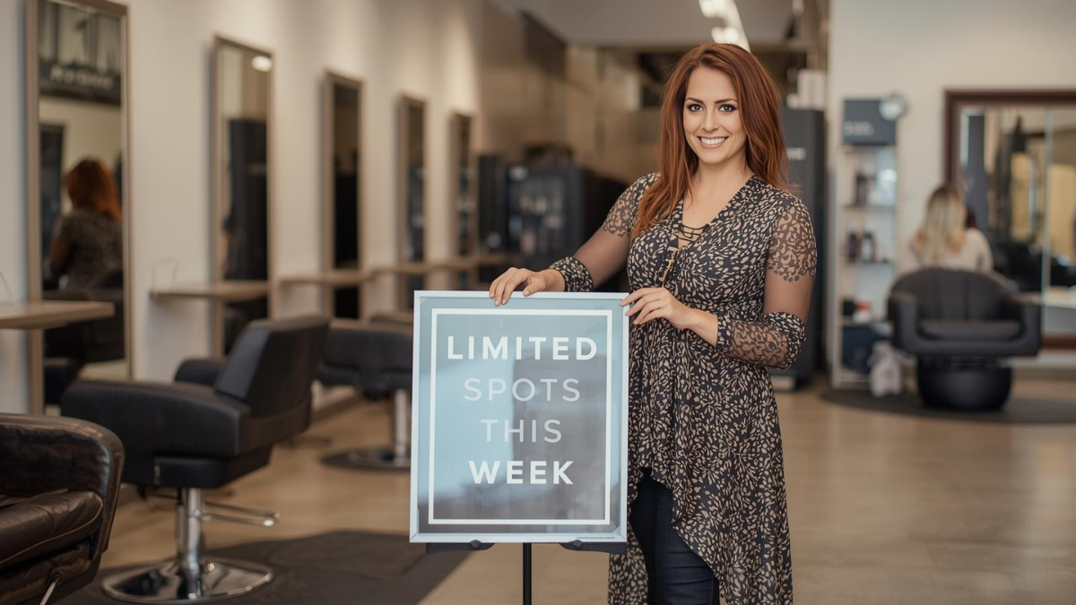 Salon owner putting a “Limited Spots This Week” small sign out