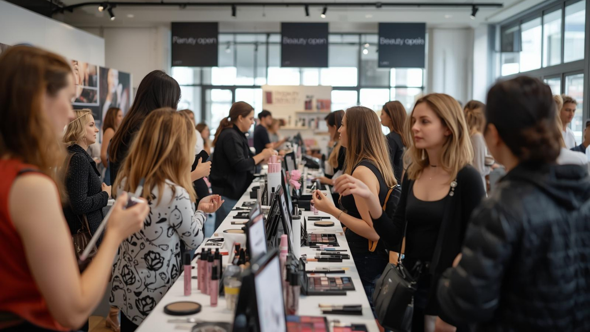 Lively open day scene with multiple makeup stations and guests queueing for demos.