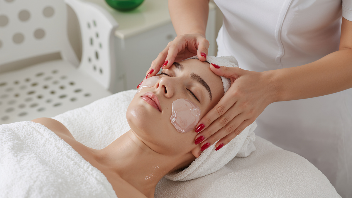 Professional facial in progress, client on white towels with soothing gel masks.