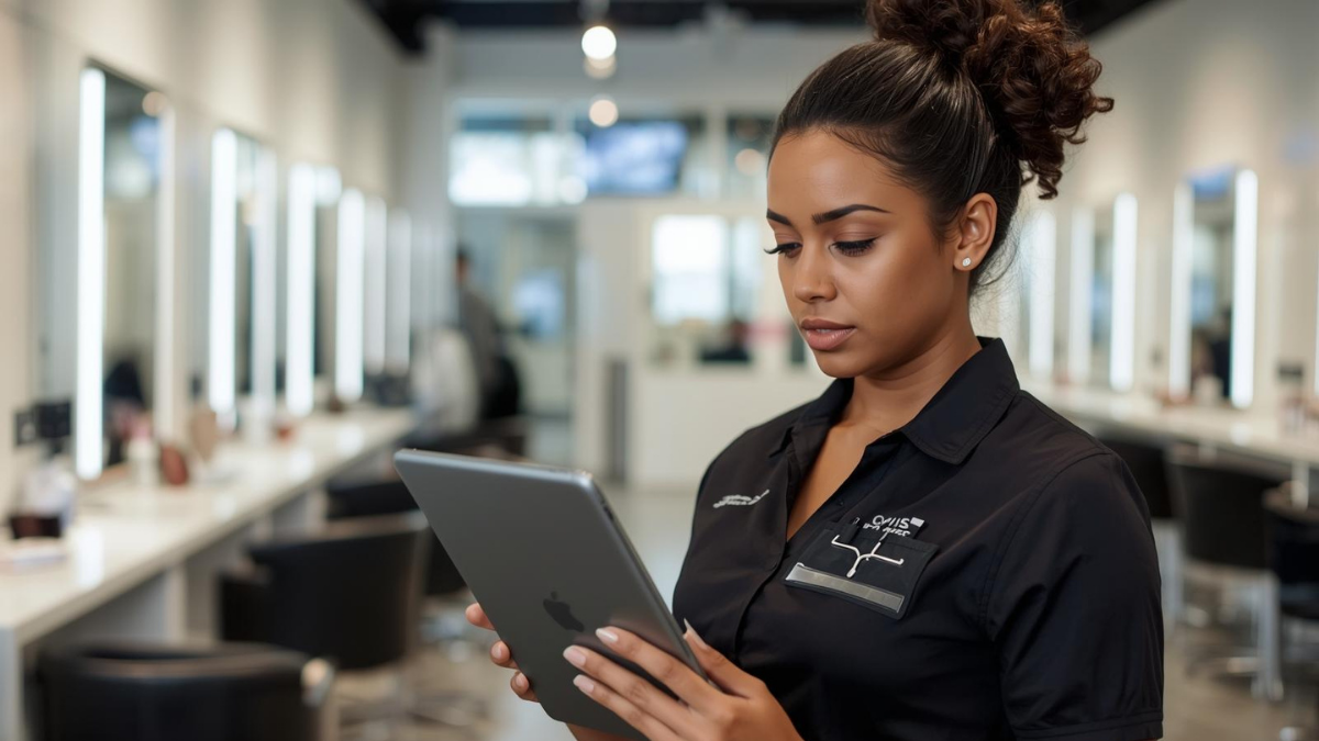 Owner reviews a simple goal tracker beside salon appointment book