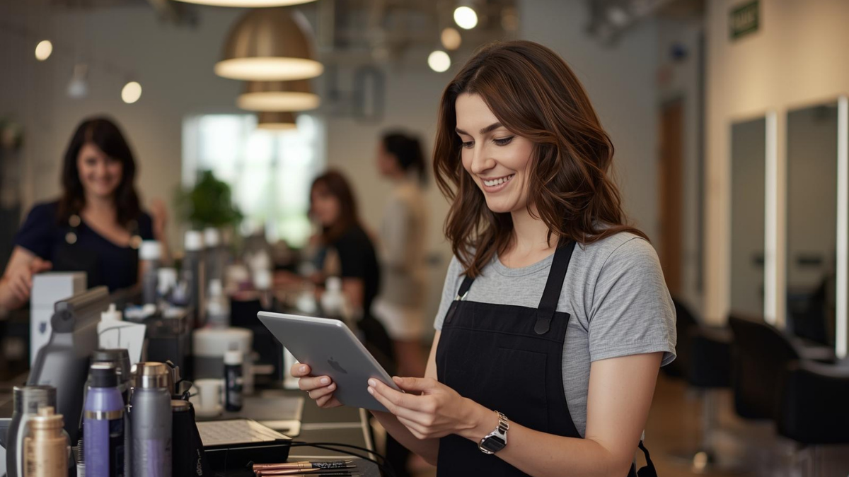 Stylist uses tablet at checkout, reading calm client response scripts