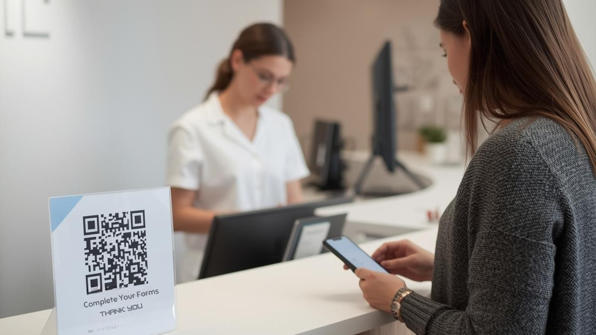 Reception desk with QR code sign as client completes GlowForms on phone