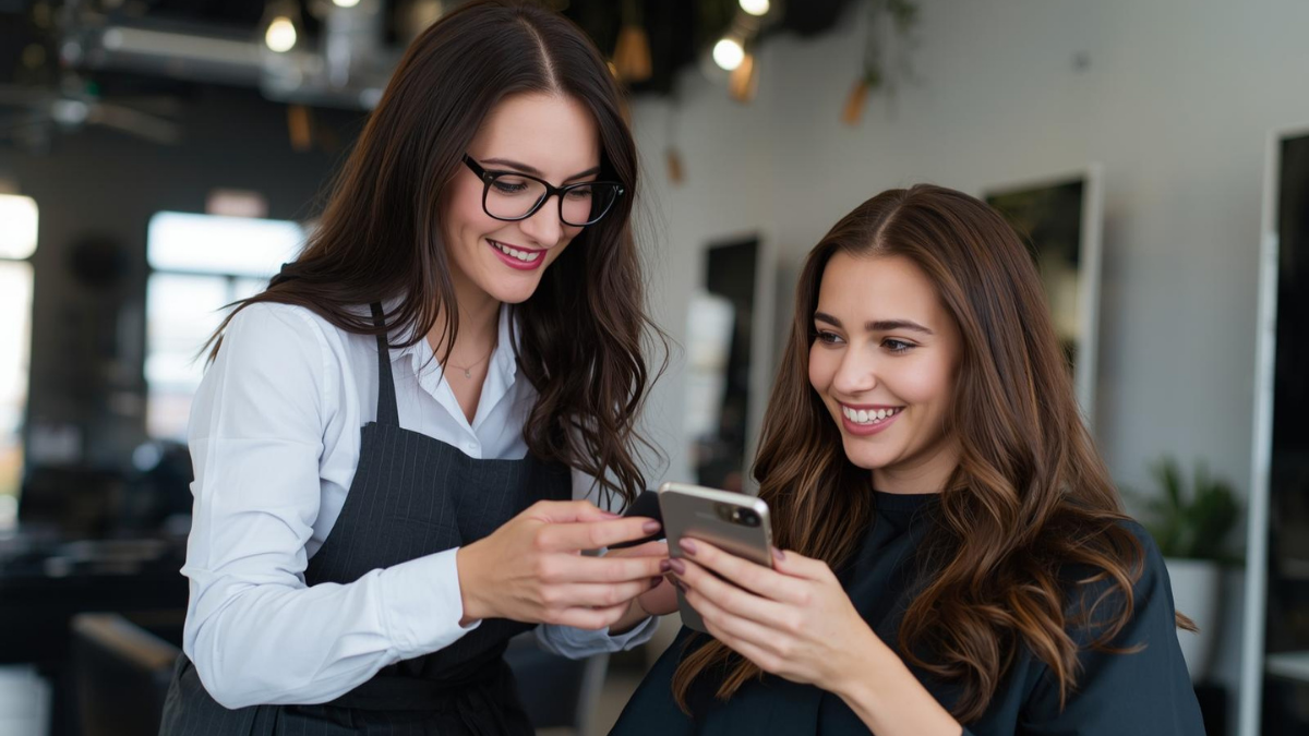 Stylist hands client an aftercare card while confirming next booking
