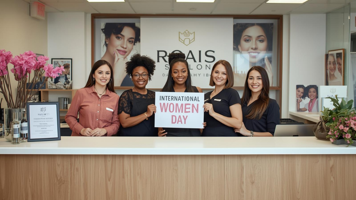 Salon team together behind reception with International Women's Day sign