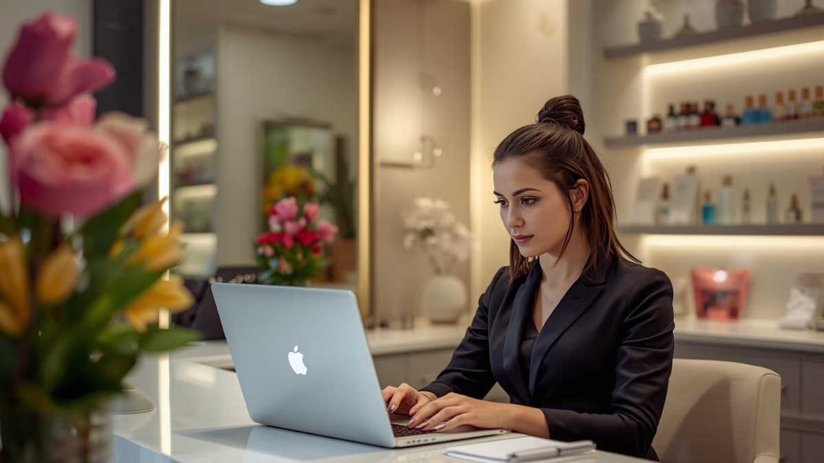 Esthetician checks a client intake form on laptop before starting treatment