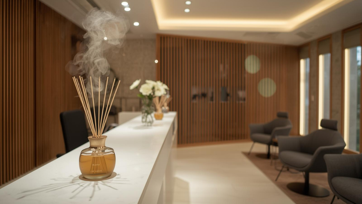 Minimal salon reception with a subtle diffuser creating a consistent scent
