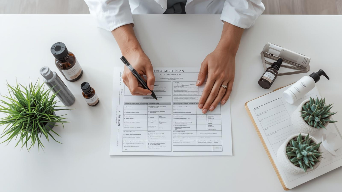 Therapist maps a treatment plan on a client card beside neatly arranged products