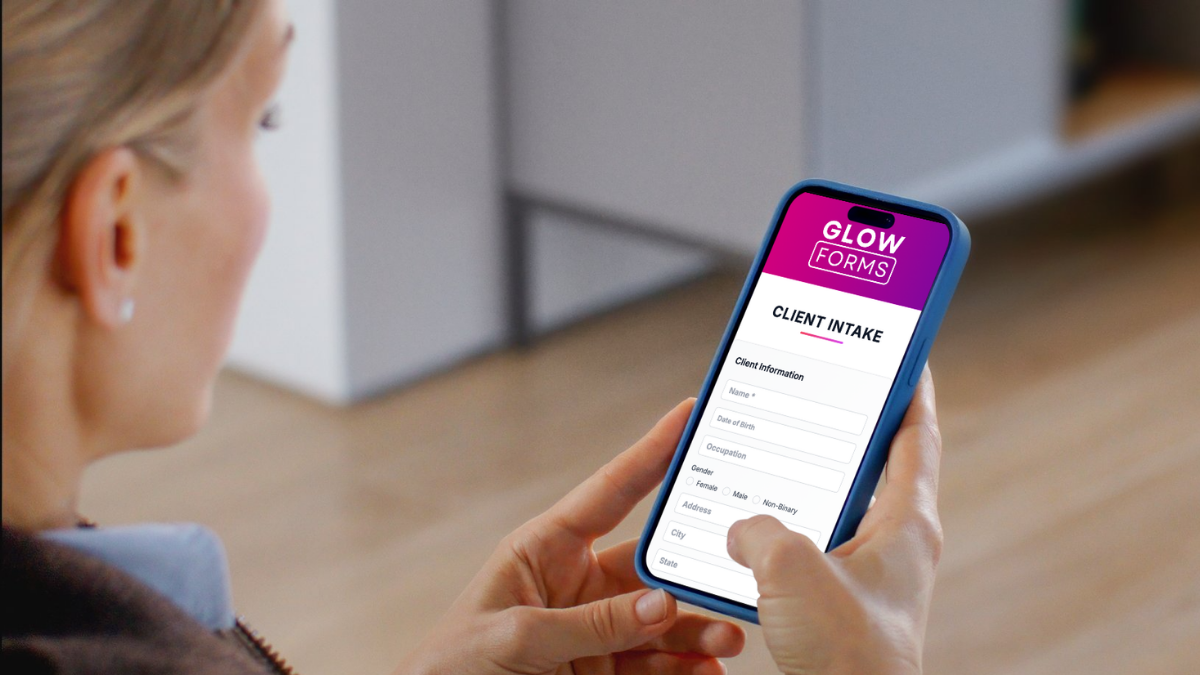 Client completes a branded GlowForms form on phone with a clear next-step prompt