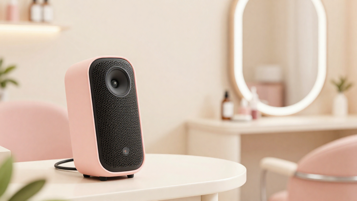 Phone connected to a salon speaker with a curated playlist playing