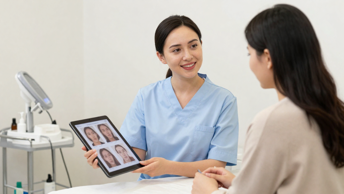Beauty therapist shows a client realistic before-and-after expectations in a consultation