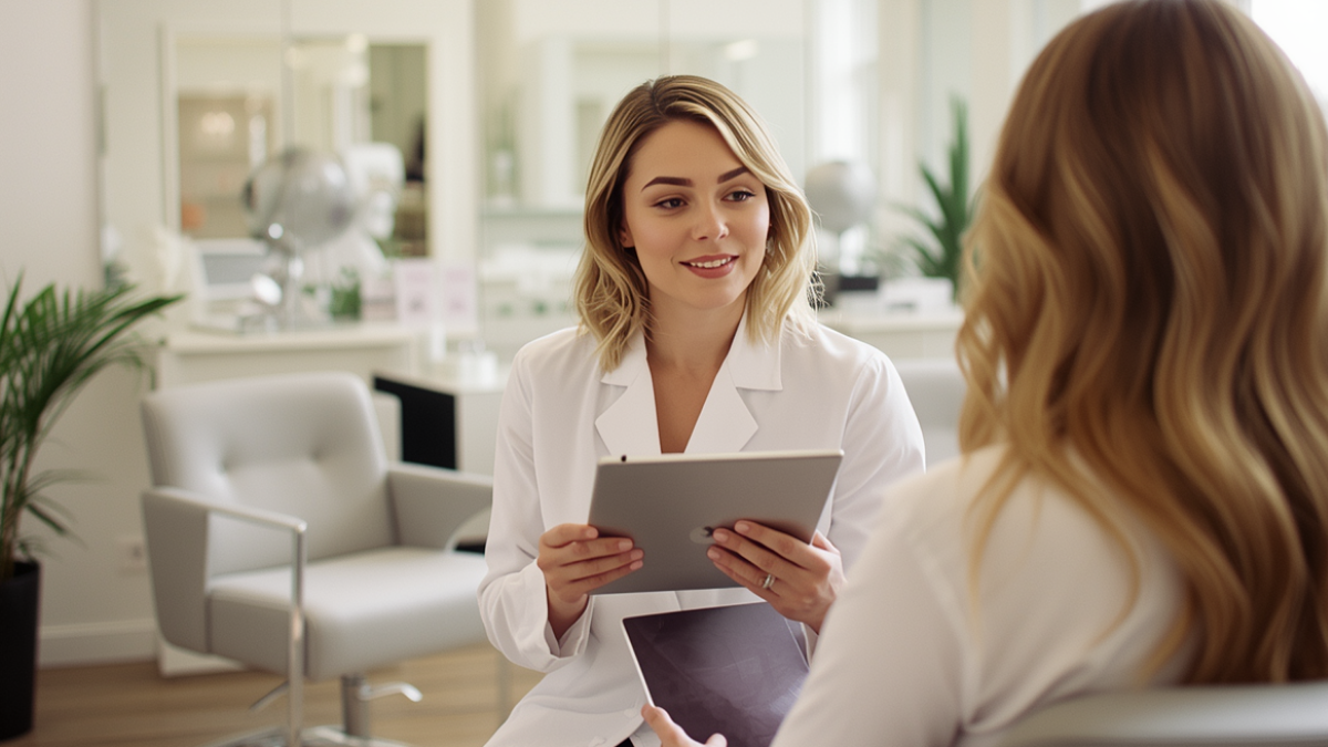 Beauty professional reviewing a client intake form before treatment to plan safer, more personalised results