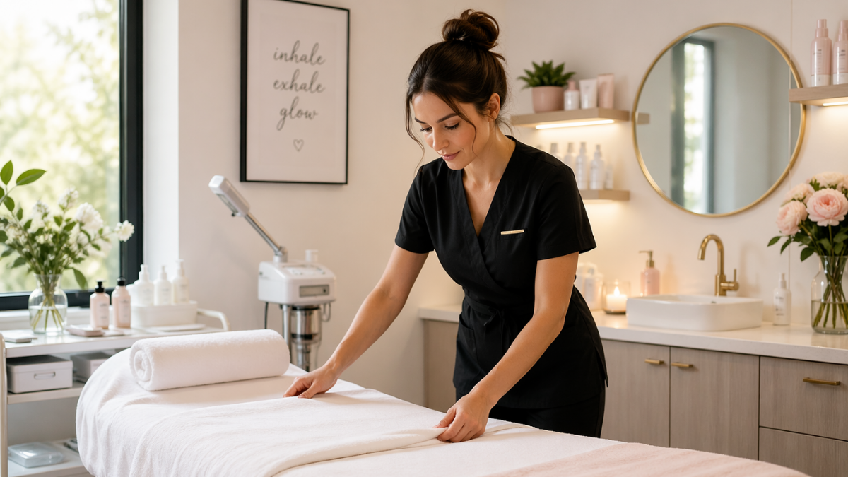 Beauty professional preparing the salon space in the morning before clients arrive