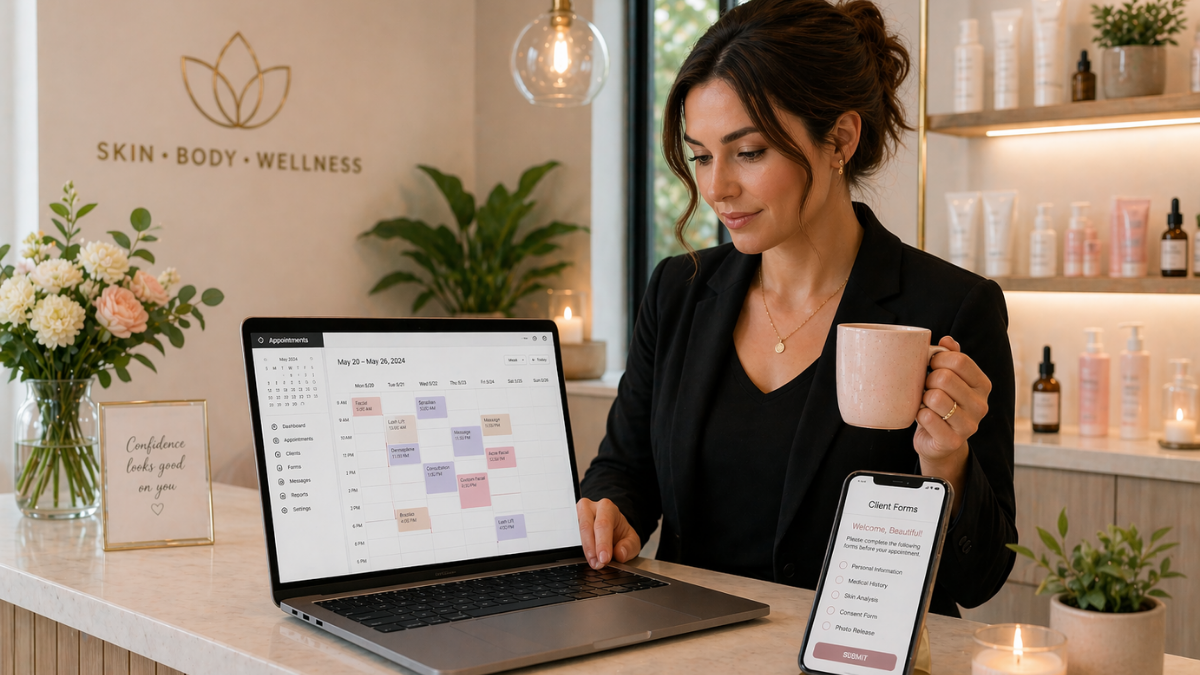 Salon owner reviewing appointment schedule on a laptop with a phone showing digital client forms beside a tidy reception desk