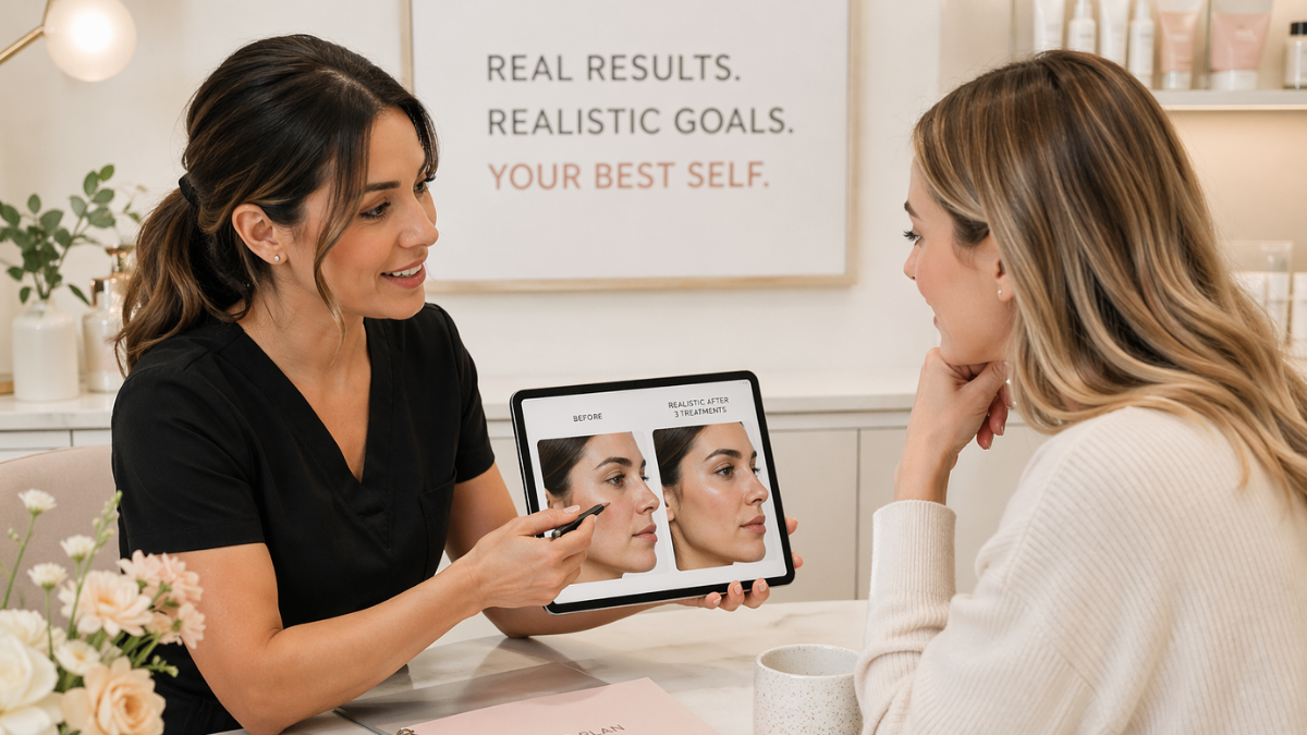 Beauty professional discussing realistic results with a client showing a reference photo