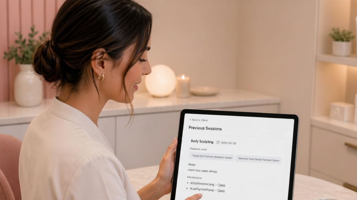 Beauty professional reviewing before and after client photos stored in a digital client profile