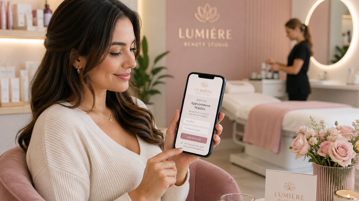 Beauty salon client holding a phone while joining a branded appointment waitlist