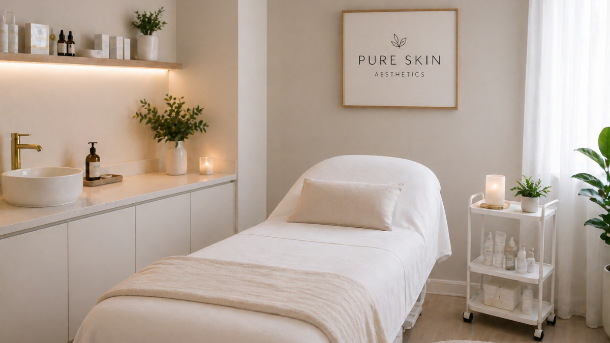 Small beauty studio with soft lighting, tidy treatment bed, and minimal luxe decor