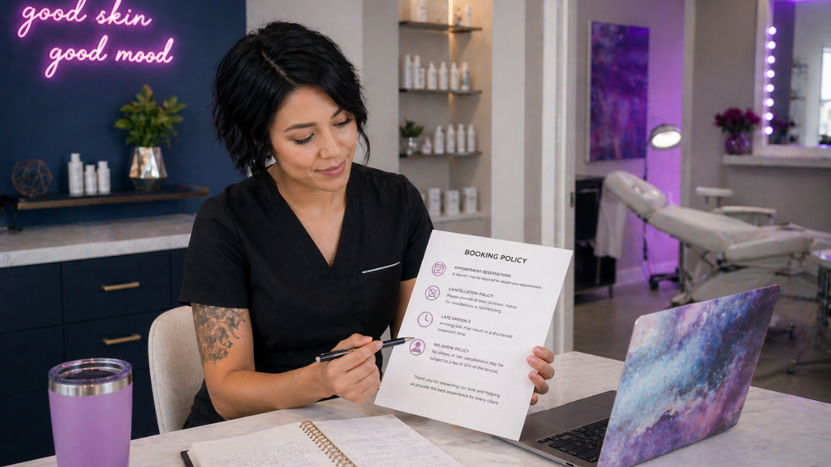 Beauty professional reviewing booking policy rules to manage appointments and reduce no-shows