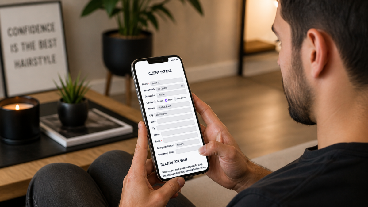Client completing a beauty form on their phone through a simple link before an appointment