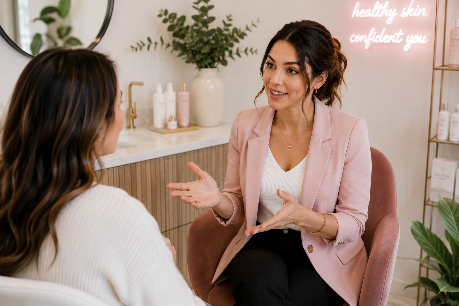 Beauty professional guiding an unsure client through a consultation with clear questions