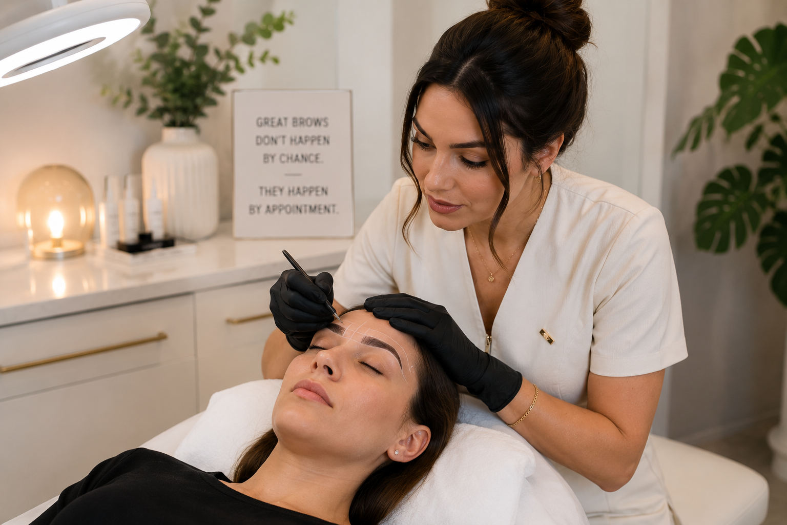 Beauty professional consulting with a client about correcting previous salon work