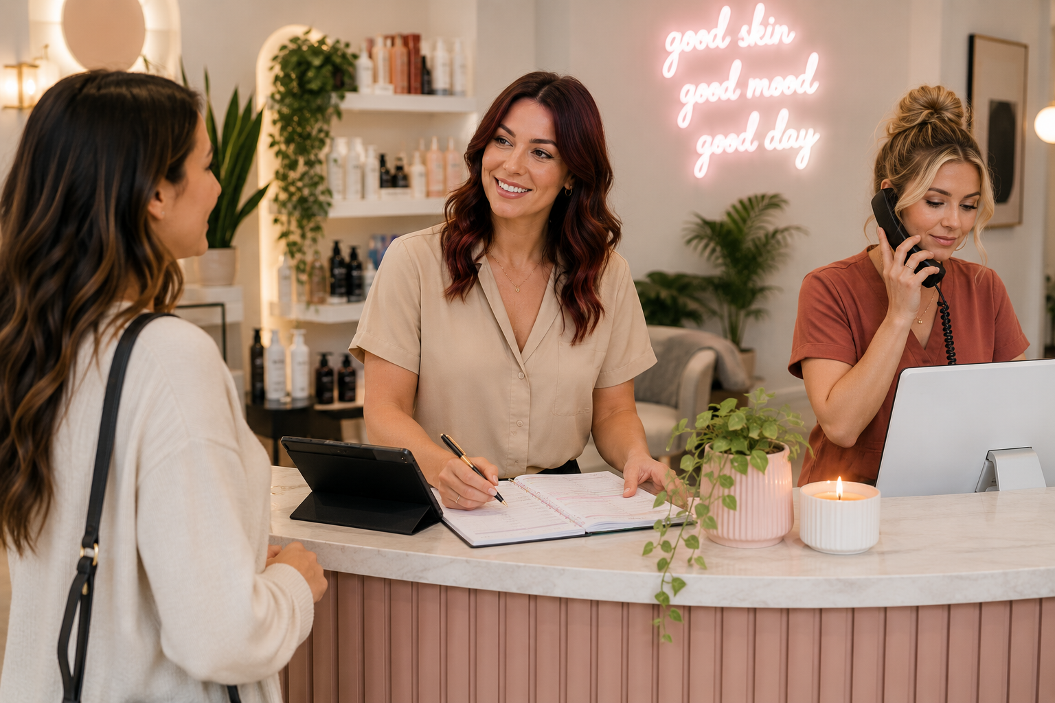 Salon team welcoming a walk-in client while managing a busy appointment schedule