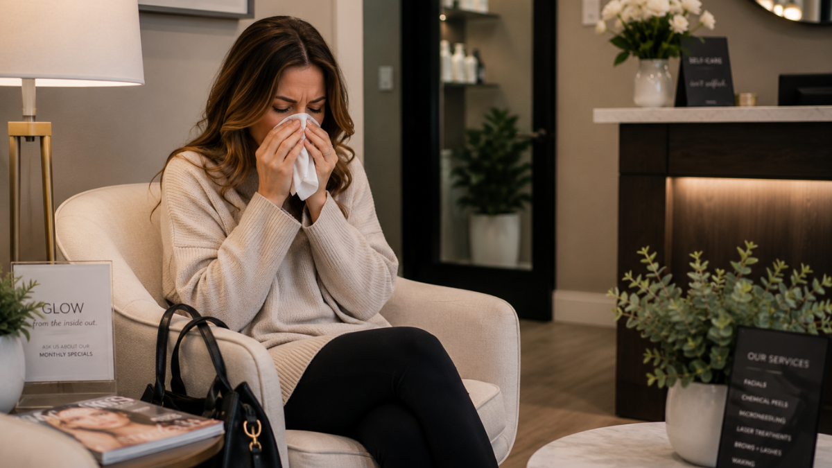 Beauty professional handling a client appointment carefully when the client appears unwell