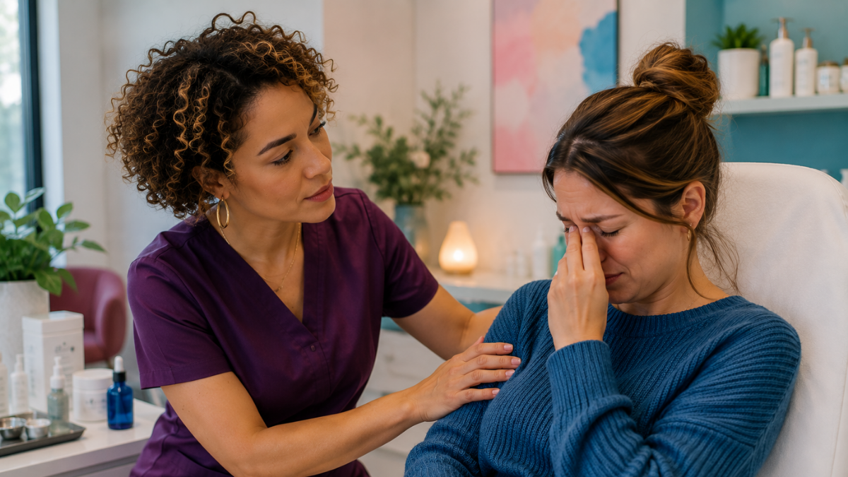 Beauty professional calmly supporting a client during an emotional or stressful treatment room moment