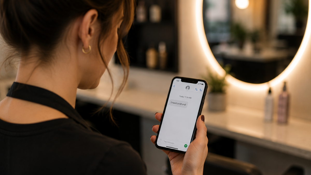 Beauty professional calmly reviewing a client refund request during a consultation