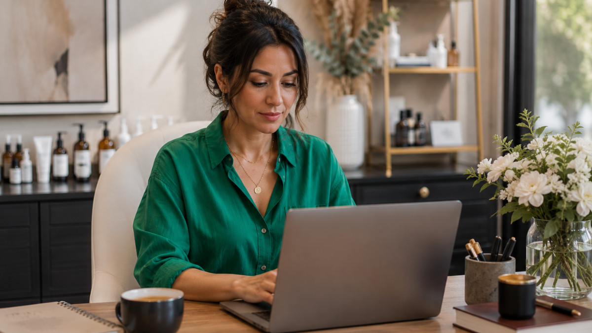 Beauty professional reviewing a written salon cancellation policy on her laptop