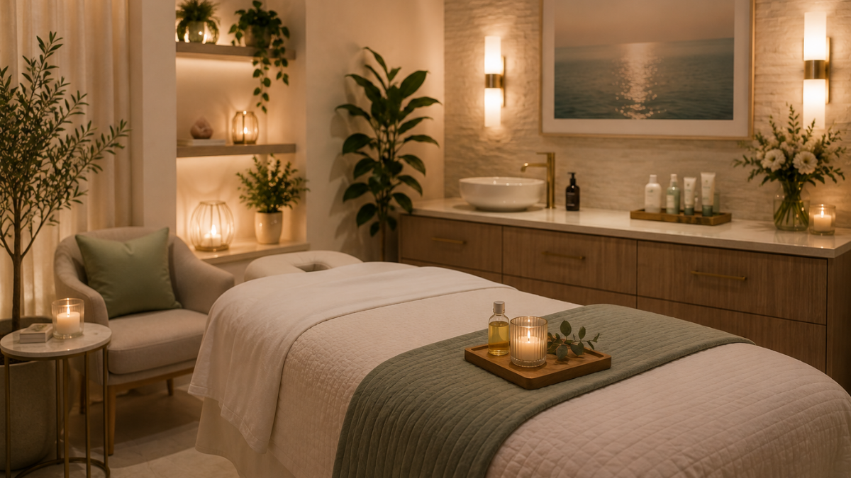 Calm spa environment with soft lighting, relaxing music, and thoughtful luxury details