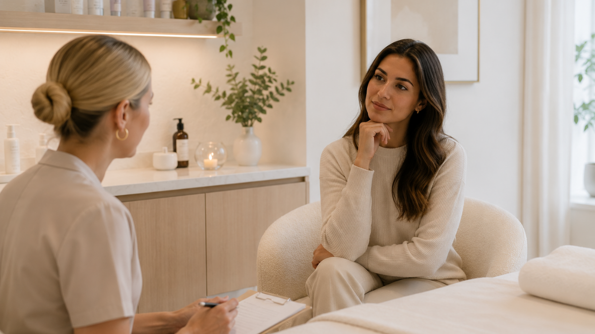 Beauty client quietly reflecting during a salon appointment while speaking with a beauty professional