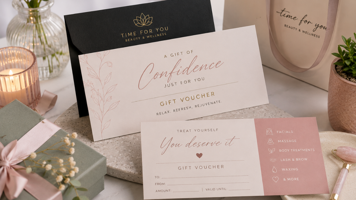 Beauty salon gift vouchers displayed as thoughtful year-round gifts for spa and beauty treatments