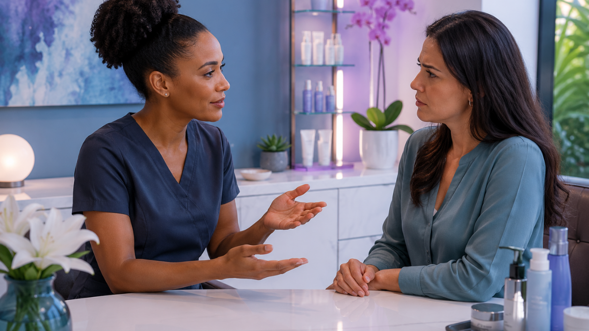 Beauty professional offering calm support to a client during an emotional salon appointment