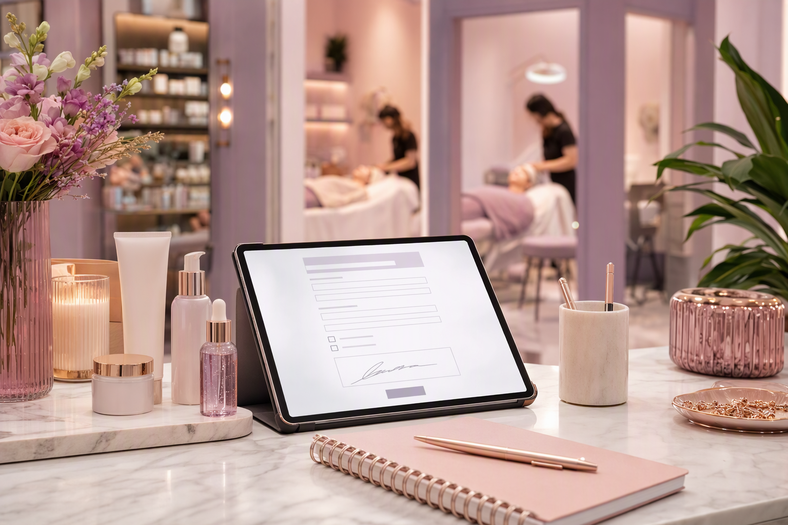 Tablet showing a signed digital consent form on a salon reception desk, with beauty treatments in the background